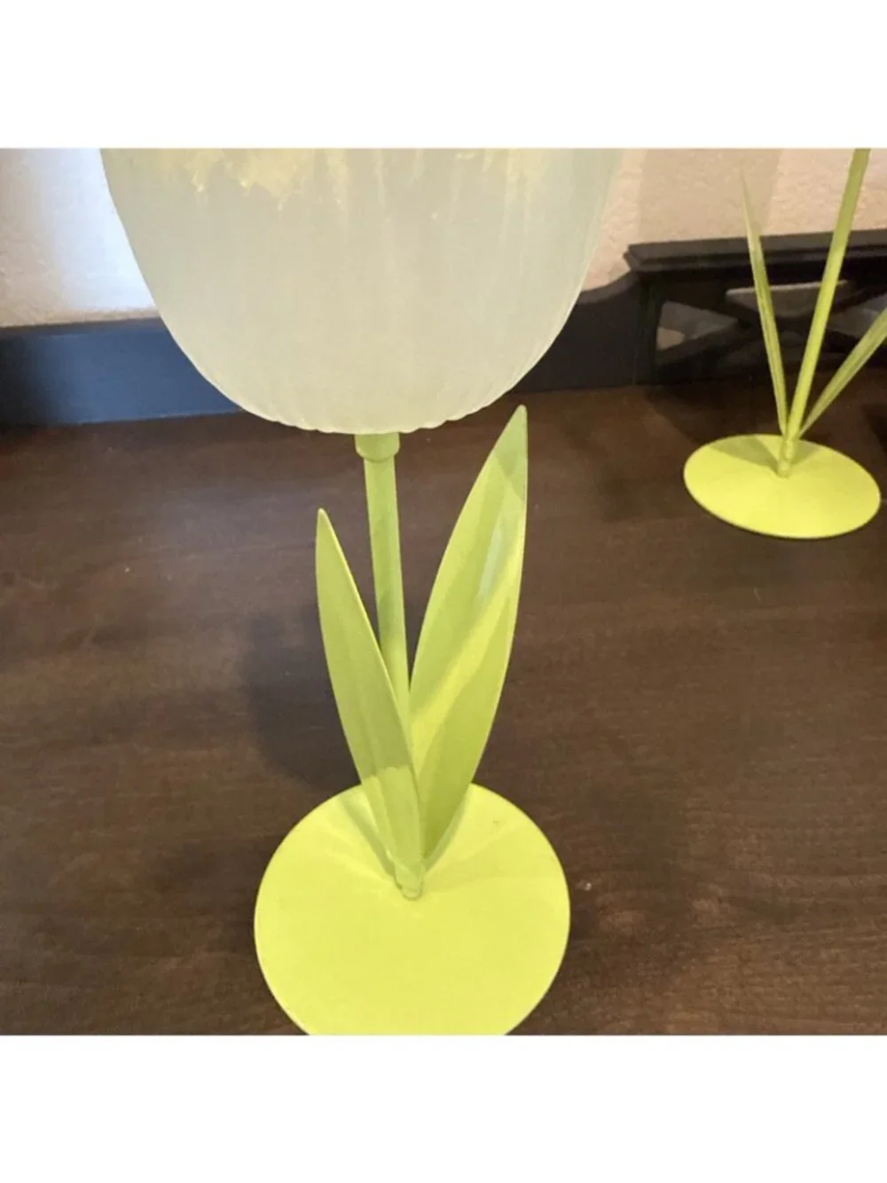Vtg Lime - Yellow Frosted Tulip Flower Votive Tea Light Candle Holders Glass Mtl